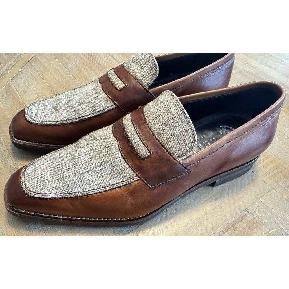 ZELLI LAGO ITALIAN CALFSKIN & LINEN PENNY LOAFER IN COGNAC By Zelli Italia.